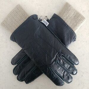 Vintage Mens genuine leather dark blue navy gloves Medium removable liner